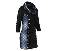 Generisch Women's Winter Long Sleeve Button Plaid Print Seams Sweatshirt Blouse Turtleneck Tops Halloween Tights, blue, M