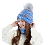 Generisch Women's Winter Set of Hat and Loop Scarf - Two Piece Knitted Set with Bobble and Colour Gradient Warm Accessories for Cold Days, style_w01 blue, One size