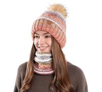 Generisch Women's Winter Set of Hat and Loop Scarf - Two Piece Knitted Set with Bobble and Colour Gradient Warm Accessories for Cold Days, style_w03 khaki, One size