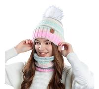Generisch Women's Winter Set of Hat and Loop Scarf - Two Piece Knitted Set with Bobble and Colour Gradient Warm Accessories for Cold Days, style_w06 yellow, One size