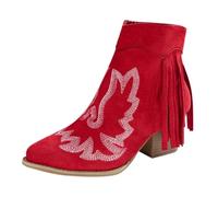 Generisch Women's winter slip-on ankle boots, women's flat, non-slip block heel with fringes, women's boots, side zip, western boots, cowboy boots, red, 9 UK