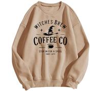 Generisch Women's Witches Brew Coffee Co Print Casual Halloween Pullover Crew Neck Shirt Vintage Coffee Lovers, Style_p01 Beige, XL