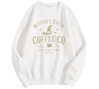 Generisch Women's Witches Brew Coffee Co Print Casual Halloween Pullover Crew Neck Shirt Vintage Coffee Lovers, Style_p12 White, XL