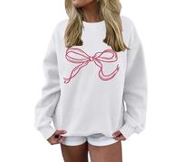 Generisch Y2K Sweatshirt with Bow Print - Women's Pullover Autumn Winter Fleece Jumper Fashionable Winter Jumper Cute Top Crew Neck Long Sleeve Fleece Jumper Casual Loungewear Thermal Shirt, White, L