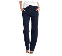 Generisch ZHAWEIYC Women's Trousers Solid Cotton Linen with Drawstring Waist Casual Trousers with Wide Leg Button Linen Trousers Women's Short Size Palazzo Trousers Women's Summer Linen, 1 dark blue,