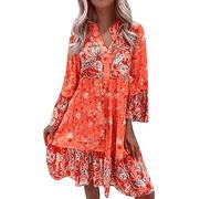 Generisch ZHAWEIYC Women's Tunic Dress in Vintage Style Ethnic Style, Printed with Tassels, Tie Collar, Loose Fit, Bohemian Tunic Dress, Dresses Women's Party Dress, Skater Dress Women, E-orange, XXL