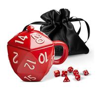 Generix Geek D20 RedDice Cube Ceramic Mug Set - Includes Lid, Vegan Leather Dice Pouch & 7 Red Dice - Ultimate Fantsy RPG Gamers Lovers Gift