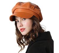 Genfien Beret Hat Classic Solid Color French for Women Newsboy Cap Beaker Boy Faux Leather Hats for Ladies Brown