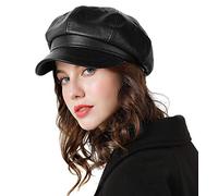 Genfien Beret Hat Classic Solid Color French for Women Newsboy Cap Beaker Boy Faux Leather Hats for Ladies Black
