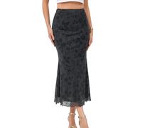 Genfien Women Skirts Elastic High Waist Midi Skirt Mesh Summer Elegant Fishtail Hem See-Through Soft Lining Beach Bodycon Party Skirt Black