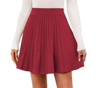 Genfien Women's Knitted Skirt High Waisted Pleated Waist Elasticity A-Line Mini Above The Knee Basic Autumn Winter Wine Red