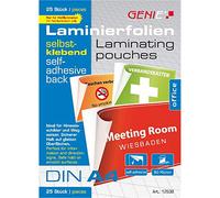 Genie 12538 DIN A4 Laminating Pouches with self-Adhesive Backing, Glossy, Transparent, Film Thickness 80 Micron, Suitable for All hot laminators, Pack of 25
