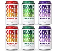 GENIE LIVING DRINKS Kombucha, Variety Pack of 3 flavours, Fermented 10 Days, Gut Friendly, Low Calorie, All Natural, 100% Vegan, No Sweeteners, No Nasties, Made in UK, Natural Energy, 6 x 330ml Cans