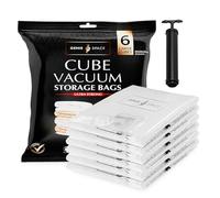 GENIE SPACE Cube Vacuum Storage Bags for Clothes, Bedding and Loft Storage, Large 80×60×32 cm, Airtight, Odour-Proof and Reusable Space Saver Bags with Double Zipper Seal, 6-Pack with Hand Pump