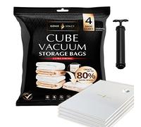 GENIE SPACE Cube Vacuum Storage Bags for Clothes, Bedding and Loft Storage, Maxi Size 110×90×45 cm, Airtight, Odour-Proof and Reusable Space Saver Bags with Double Zipper Seal, 4-Pack with Hand Pump