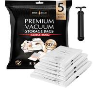 GENIE SPACE Premium Vacuum Storage Bags for Drawers, Suitcases and Wardrobes - Airtight, Odour-Proof, Reusable - Double Zipper Seal Compact Organiser - 5-Bag Variety Pack with Pump