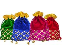 Genieland 24 Pc Set Big Size(9x6.3 In) Designer Gota Patti Potli Organza Pouch Favour Bags Dry Fruit Diwali Gift Packing Bag Handmade Fabric with Random Color Indian Housewarming Return Gift Item Bulk
