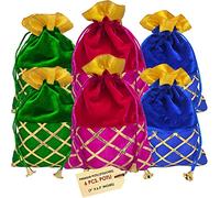 Genieland 6 Pc Set Big Size(9x6.3 In) Designer Gota Patti Potli Organza Pouch Favour Bags Dry Fruit Diwali Gift Packing Bag Handmade Fabric with Random Color Indian Housewarming Return Gift Item Bulk