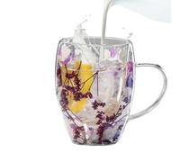 Genikeer 350ml Coffee Mug with Dry Flowers | Aesthetic Dried Flowers Double Wall Glass Coffee Mugs | Glass Flower Mug | Glass Flower Tea Cup for Tea, Milk, Hot Or Cold Beverages