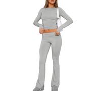 Genikeer Two Piece Outfits Basic Long Sleeve Crop Tops Low Rise Fold Over Yoga Pants, Women's Lounge Flared Legging Set, Long Sleeve Top And Flare Leggings Pajamas Tracksuit
