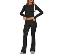 Genikeer Two Piece Outfits Basic Long Sleeve Crop Tops Low Rise Fold Over Yoga Pants, Women's Lounge Flared Legging Set, Long Sleeve Top And Flare Leggings Pajamas Tracksuit