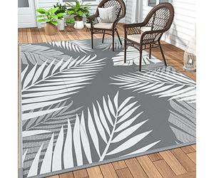 GENIMO Outdoor Rug 5' x 8' Waterproof for Patios Clearance, Reversible Plastic Straw Camping Carpet, Large Area Rugs Mats for RV, Picnic, Backyard, Deck, Balcony, Porch, Beach, Grey&White