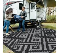 GENIMO Outdoor Rug Waterproof, 10' x 10' Reversible Plastic Straw Rug, Lightweight Large RV Camping Mat for Patio, Deck, Camper, Balcony, Backyard, Picnic, Black & Gray
