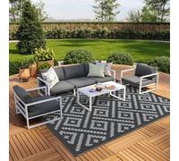 GENIMO Outdoor Rugs 8x10 Waterproof, Reversible Mats, Area Plastic Straw Rug, Outside Carpet, Geometric Rv Mat for Patio Camping Rv Picnic Backyard Deck Balcony Porch Beach Trailer (Black & Grey)