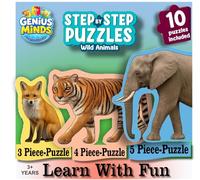 Genis Minds Step by Step Puzzles - 40 Piece Jigsaw & Toddler Puzzle, Montessori Educational Toy for Boys & Girls, Wild Animals, Travel Friendly, Gifts for Kids Ages 3, 4, 5 and Up, Animal Puzzle, Puzz
