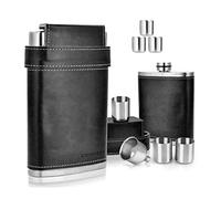 Genissy 8oz Hip Flask with 3 Cups Funnel Stainless Steel with Leather Cover and 100% Waterproof Black Without American Flag.
