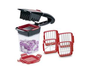 Genius A27165 Nicer Dicer Quick XXL Set 7-Piece The Chopper with 3 Interchangeable Blade Inserts and Collection Container 320 ml in Hand Format 30 Cubes or 10 Slices with One Click, Stainless Steel