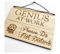Genius At Work - Please Do Not Disturb - 140mm x 100mm x 4mm Wooden Laser Engraved Rectangle Sign Plaque With Cotton Cord For Hanging