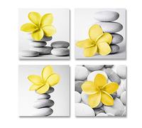 Genius Decor-Modern Bathroom Yellow Gray Wall Art Picture Flowers and Pebble Stone Canvas Print Wall Decor Set 4(Yellow)