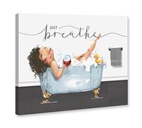 Genius Decor-Young Woman Bath Glass Wine Bathroom Wall Art Just Breathe Artwork Canvas Prints Decor (Blue)