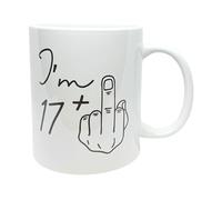 Genius Gifts Big Birthday Mug, White Ceramic 11oz, with Funny 18th Birthday 'I'm 17 + Middle Finger' Design. A Hilarious Novelty 18th Birthday Gift idea for Family, Friends or Colleagues