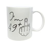 Genius Gifts Big Birthday Mug, White Ceramic 11oz, with Funny 50th Birthday 'I'm 49 + Middle Finger' Design. A Hilarious Novelty 50th Birthday Gift idea for Family, Friends or Colleagues