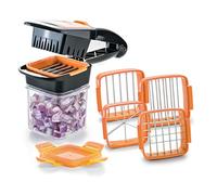 Genius Nicer Dicer Quick Chopper for Fruit and Vegetables, 5 in 1 Multi Cutter with Interchangeable Blade Inserts, 30 Cubes or 10 Slices with One Click (Orange), Stainless Steel, 8 x 12 x 21 cm