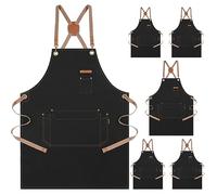 Genixart 6 Bulk Pack Chef Apron for Men Women with Pockets - Cross Back Kitchen Apron Cooking, Baking, BBQ - Cotton Canvas Work Aprons for Gardening, Restaurant, Cafe, Bar, Shop (6, Black)