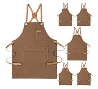 Genixart 6 Bulk Pack Chef Apron for Men Women with Pockets - Cross Back Kitchen Apron Cooking, Baking, BBQ - Cotton Canvas Work Aprons for Gardening, Restaurant, Cafe, Bar, Shop (6, Brown)