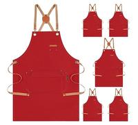 Genixart 6 Bulk Pack Chef Apron for Men Women with Pockets - Cross Back Kitchen Apron Cooking, Baking, BBQ - Cotton Canvas Work Aprons for Gardening, Restaurant, Cafe, Bar, Shop (6, Red)