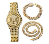 Genkigold Gold Diamond Watch for Men - 38mm Roman Numerals Octagonal Dial - 18K Real Gold Plated 23cm Strap - Japanese Quartz - Luxury Jewelry - Paired with Cuban Chains 20cm+45cm