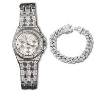 genkigold Gold Diamond Watch for Men - 38mm Roman Numerals Octagonal Dial - Platinum Plated 23cm Strap - Japanese Quartz - Luxury Jewelry - Paired with Cuban Chain 20cm