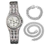 genkigold Gold Diamond Watch for Men - 38mm Roman Numerals Octagonal Dial - Platinum Plated 23cm Strap - Japanese Quartz - Luxury Jewelry - Paired with Cuban Chains 20cm+45cm