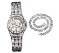 genkigold Gold Diamond Watch for Men - 38mm Roman Numerals Octagonal Dial - Platinum Plated 23cm Strap - Japanese Quartz - Luxury Jewelry - Paired with Cuban Chain 45cm