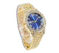 Genkigold Gold Diamond Watch for Men - 40mm Roman Numerals Round Dial in Blue - 18K Real Gold Plated 22cm Strap - Japanese Quartz - Luxury Jewelry