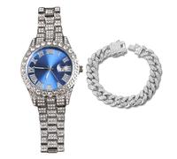 genkigold Gold Diamond Watch for Men - 40mm Roman Numerals Round Dial in Blue - Platinum Plated 22cm Strap - Japanese Quartz - Luxury Jewelry - Paired with Cuban Chain 20cm