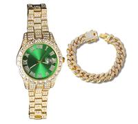 genkigold Gold Diamond Watch for Men - 40mm Roman Numerals Round Dial in Green - 18K Real Gold Plated 22cm Strap - Japanese Quartz - Luxury Jewelry - Paired with Cuban Chain 20cm
