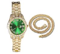 genkigold Gold Diamond Watch for Men - 40mm Roman Numerals Round Dial in Green - 18K Real Gold Plated 22cm Strap - Japanese Quartz - Luxury Jewelry - Paired with Cuban Chain 45cm