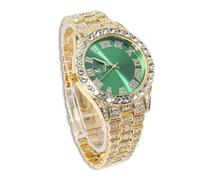 genkigold Gold Diamond Watch for Men - 40mm Roman Numerals Round Dial in Green - 18K Real Gold Plated 22cm Strap - Japanese Quartz - Luxury Jewelry