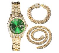 genkigold Gold Diamond Watch for Men - 40mm Roman Numerals Round Dial in Green - 18K Real Gold Plated 22cm Strap - Japanese Quartz - Luxury Jewelry - Paired with Cuban Chains 20cm+45cm